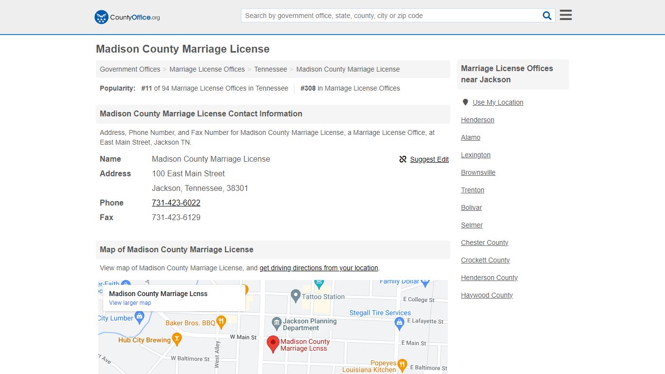 Madison County Marriage License - Jackson, TN (Address ... - County Office