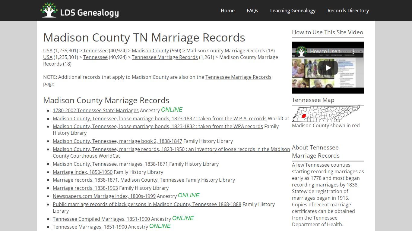 Madison County TN Marriage Records - LDS Genealogy