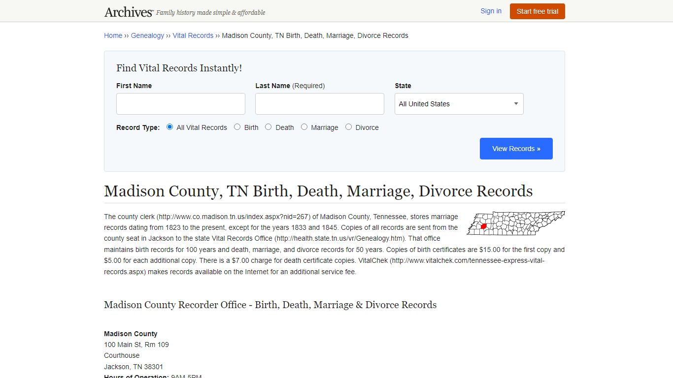 Madison County, TN Birth, Death, Marriage, Divorce Records - Archives.com