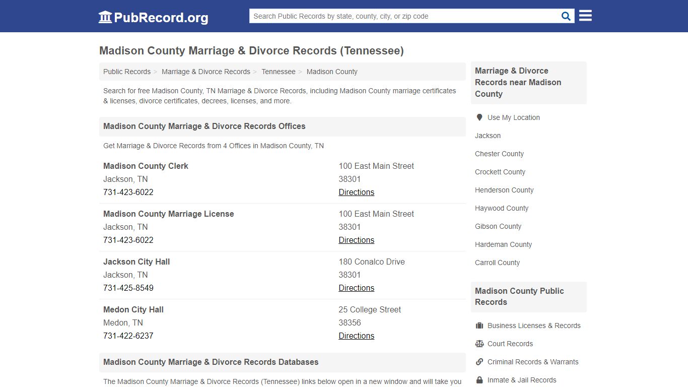 Madison County Marriage & Divorce Records (Tennessee)